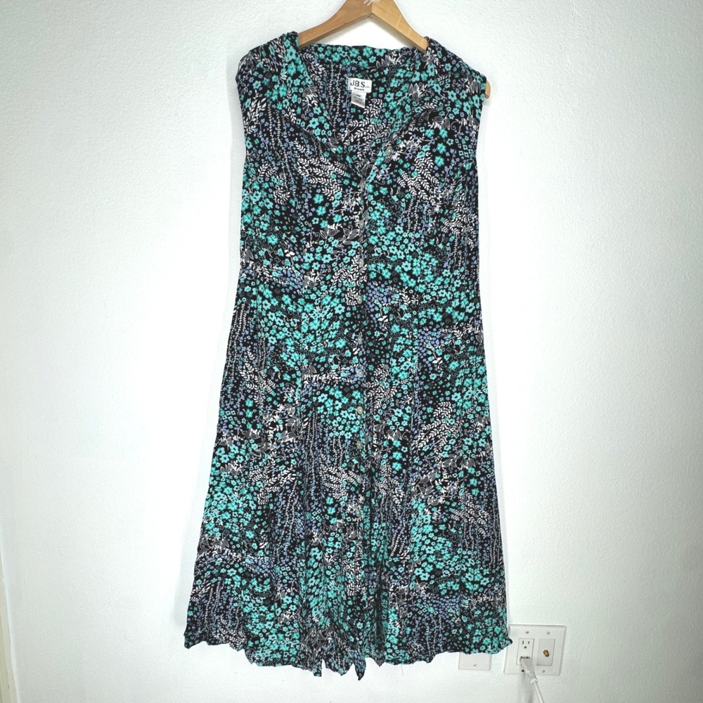 Vintage Floral‎ Boho Rayon Button Rayon Midi Dress 14 90s Blue Cottagecore Flowy